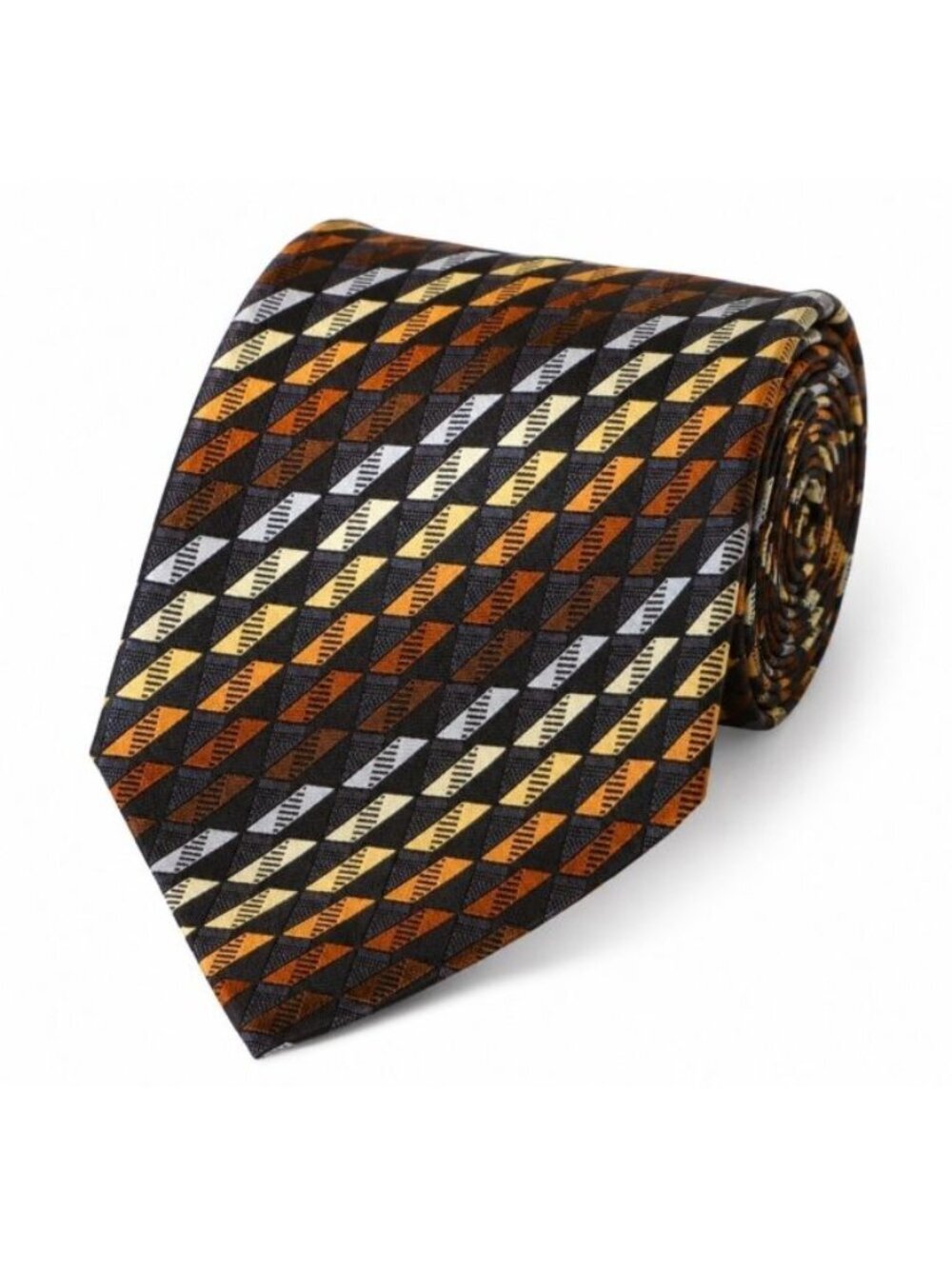 Kilburne & Finch Geometric Silk Tie Brown Blue Gold Retro Necktie 100% Silk - Picture 1 of 11